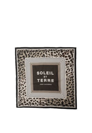 Foulard carré avec bordure à imprimé léopard et carrés concentriques rayés, avec le texte "SOLEIL ET TERRE STREET ONE DESIGN" au centre.