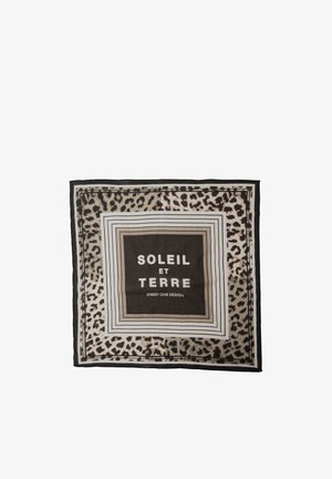 Foulard carré avec bordure à imprimé léopard et carrés concentriques rayés, avec le texte "SOLEIL ET TERRE STREET ONE DESIGN" au centre.