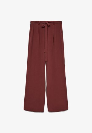 Bordó široke hlače z visokim pasom, izdelane iz mehke tkanine, z detajlom zaveze, gladke teksture in dolgega kroja.