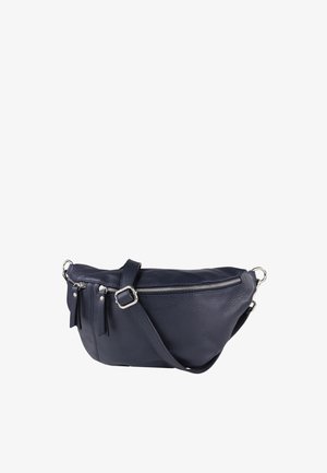 Donkerblauw leren crossbodytas met een gebogen vorm, zilverkleurige accenten, verstelbare riem en een ritssluiting met kwastjes.