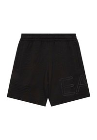 Pantaloni corti neri con un cintura elastica, due tasche laterali e una finitura testurizzata. Presentano un discreto logo "EA" sul lato destro in basso.