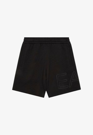 Pantaloni corti neri con un cintura elastica, due tasche laterali e una finitura testurizzata. Presentano un discreto logo "EA" sul lato destro in basso.