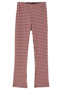 Dopasowane rozszerzane spodnie w burgundowo-kremowy wzór w kratę. Wykonane z gładkiej tkaniny, z płaskim paskiem i bez widocznych elementów metalowych.