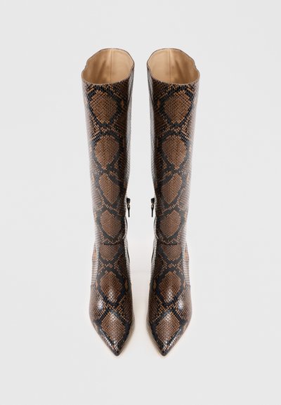 Knee-high boots in brown and black snake print, pointed toe, sleek design with side zippers, and smooth interior lining.