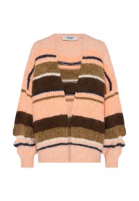 Multicolored knit cardigan featuring pink, brown, and navy stripes, v-neck, open front, and voluminous sleeves. Soft texture.