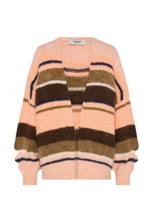 Mehrfarbige Strickjacke mit rosa, braunen und marineblauen Streifen, V-Ausschnitt, offener Vorderseite und voluminösen Ärmeln. Weicher Griff.