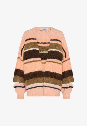 Mehrfarbige Strickjacke mit rosa, braunen und marineblauen Streifen, V-Ausschnitt, offener Vorderseite und voluminösen Ärmeln. Weicher Griff.