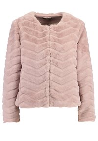 Miękka różowa kurtka z futra syntetycznego w wzór w zygzak, z długimi rękawami i okrągłym dekoltem, prezentowana na białym tle.