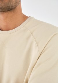 Beige sweatshirt met een ribbelstructuur aan de ronde hals en raglanmouwen, gemaakt van zachte stof, met een gladde textuur en minimale stikdetails.