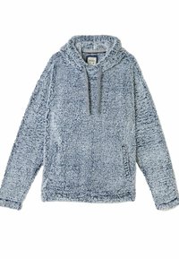 Flauschiger blauer Pullover-Hoodie mit großer Vordertasche, verstellbarem Kordelzug und weichem, strukturiertem Stoff. Lockere Passform, lange Ärmel.