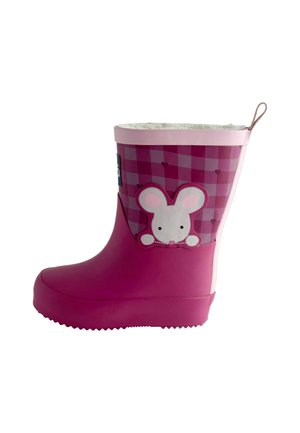 Stivale da pioggia rosa per bambini con motivo a scacchi, piccoli cuori e una faccia di topo dei cartoni animati sul lato.