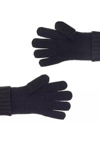 Czarne wełniane rękawiczki z prążkowanym mankietem, teksturowaną tkaniną i pięciopalczastym krojem, prezentowane na neutralnym tle.