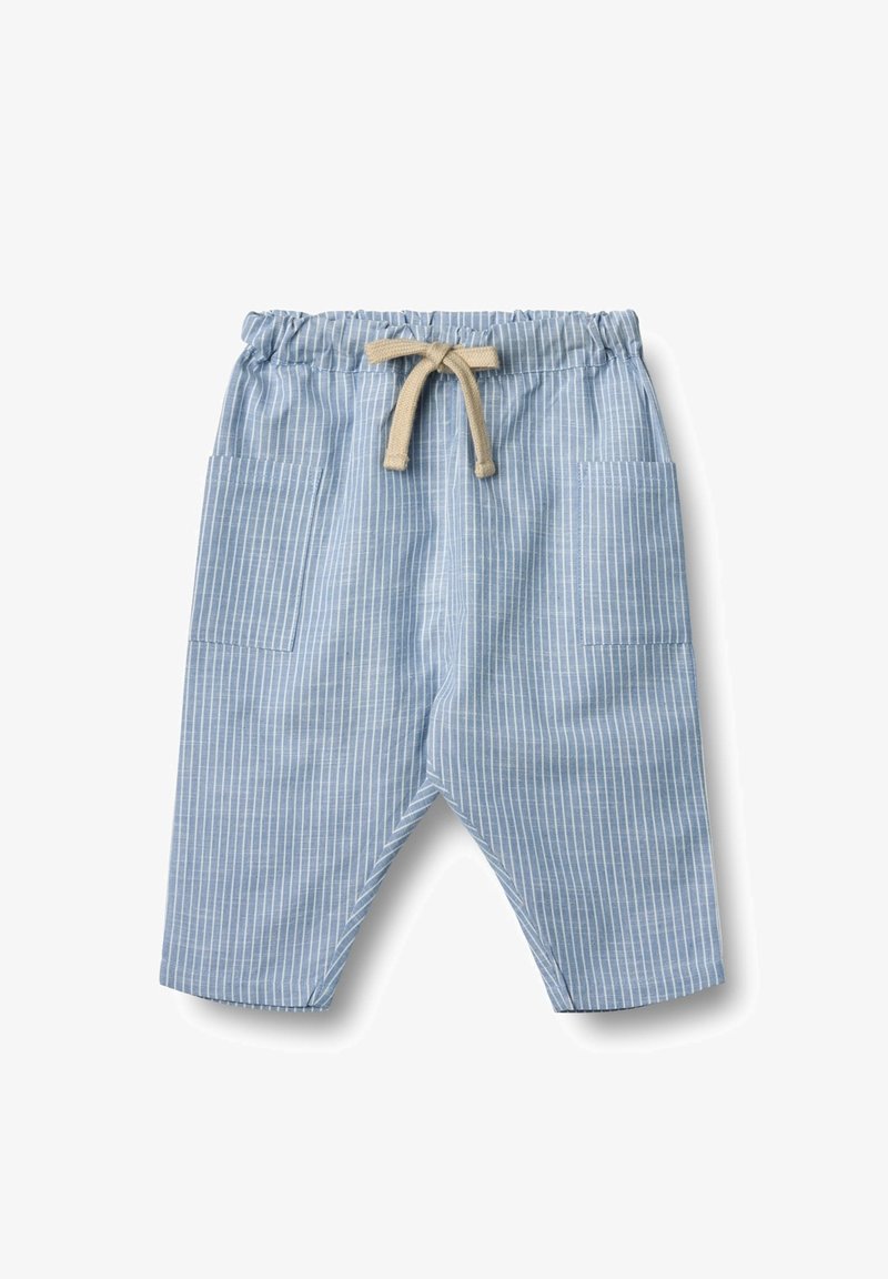 Hellblau gestreifte Hosen mit elastischem Bund und beigem Kordelzug. Verfügt über zwei Seitentaschen und einen lockeren Schnitt. Baumwollähnliche Textur.