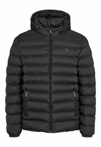 Schwarze Steppjacke mit Kapuze, ausgestattet mit einem Frontreißverschluss, seitlichen Reißverschlusstaschen und gerippten Bündchen; das gestepptes Design verleiht Textur.