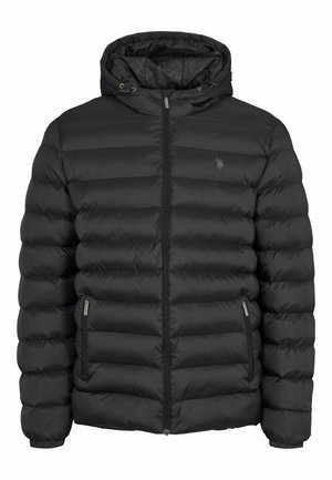 Svart boblejakke med hette, har front glidelås, glidelåslommer på sidene og ribbestrikkede mansjetter; quiltet design tilfører tekstur.