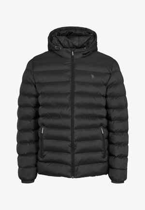 Schwarze Steppjacke mit Kapuze, ausgestattet mit einem Frontreißverschluss, seitlichen Reißverschlusstaschen und gerippten Bündchen; das gestepptes Design verleiht Textur.