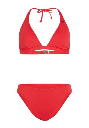 Sarkans bikini komplekts, kurā ir trīsstūrveida tops ar sasienamu kakla lenti un aizdari, kopā ar klasiskā stila apakšdaļu. Gluda, elastīga auduma.