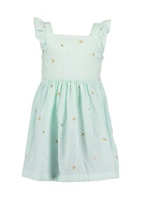 Robe vert clair avec des rayures verticales, encolure carrée et bretelles froncées. Présente de petits arcs-en-ciel brodés sur le tissu.