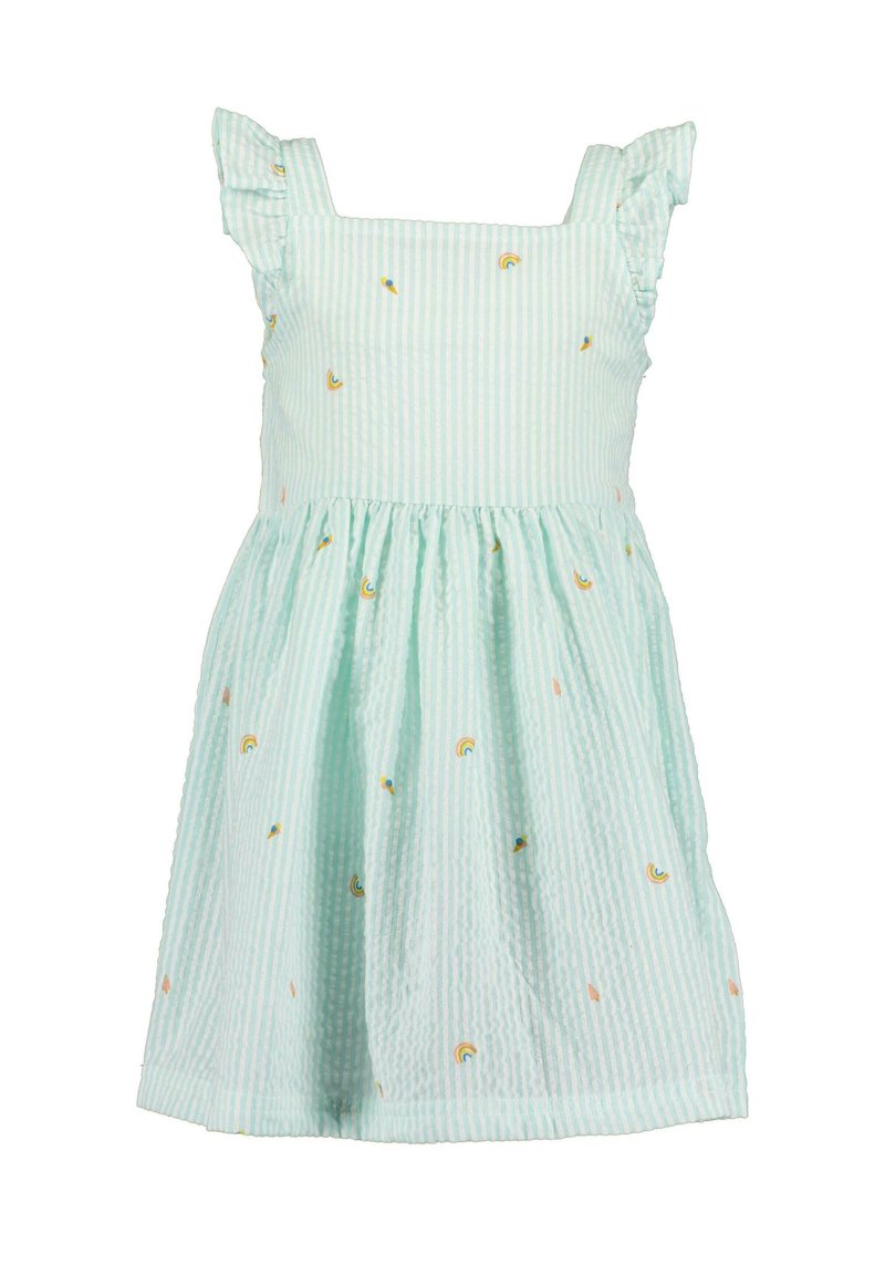 Robe vert clair avec des rayures verticales, encolure carrée et bretelles froncées. Présente de petits arcs-en-ciel brodés sur le tissu.
