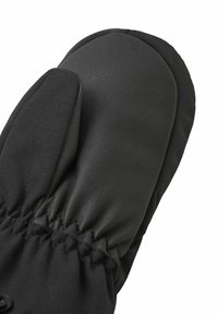Mou gloves noires avec une surface en cuir lisse et une doublure en tissu, dotées d'un poignet élastiqué pour un ajustement confortable et de détails cousus.