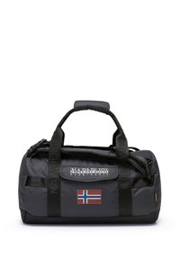 Dark gray duffel bag made of nylon. Features a zip closure, padded handle, and an emblem with the Norwegian flag. Text logo on front.