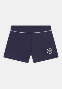 Navy blue swim shorts made of stretchy material, featuring a white logo on the front and a contrasting waistband detail.