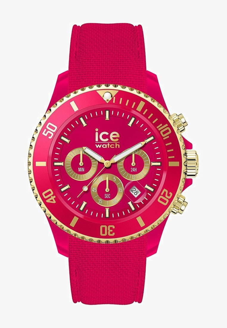 Reloj de silicona rosa brillante con caja redonda, detalles en dorado, correa texturizada y tres subesferas para minutos, segundos y hora en formato de 24 horas.