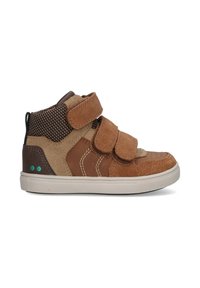 Bruine suède hoge schoenen met drie klittenbandsluitingen, textuurpanelen, een witte zool en turquoise accenten op de hiel.