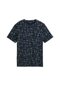 Navy blue short-sleeve t-shirt featuring a geometric pattern in lighter shades. Made of soft fabric with a crew neck design.