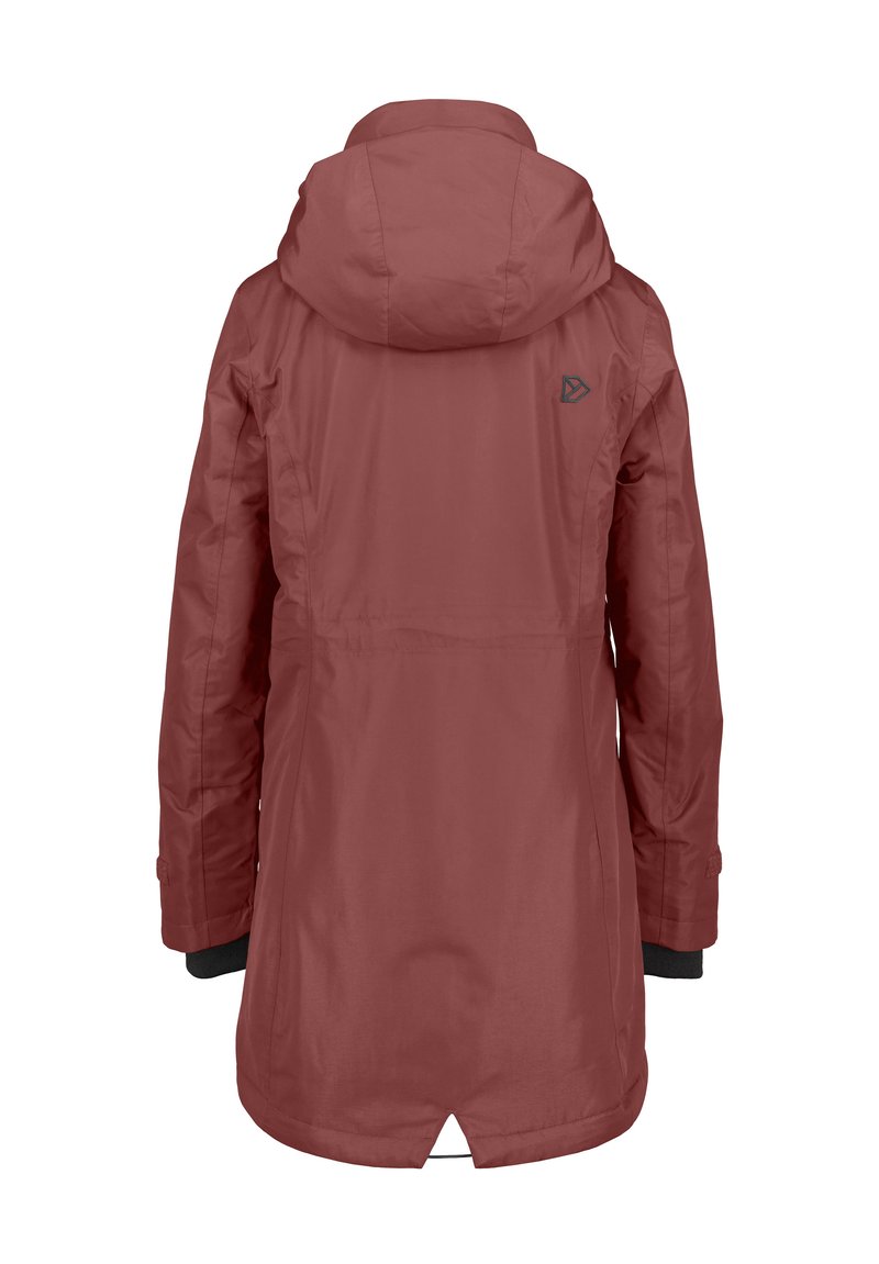 Vattenavvisande, bordeauxfärgad parkas med huva, som har en stilren design, justerbara manschetter och svarta detaljer vid axeln.