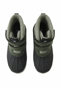 Black and olive green waterproof boots with a textured rubber exterior, insulated lining, and dual Velcro straps for secure fit.