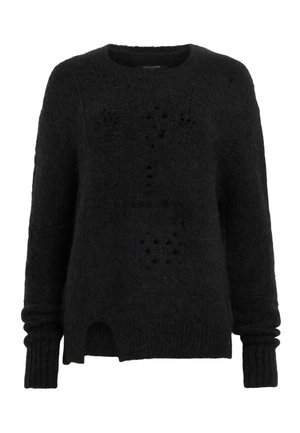 Black knit sweater with a crew neck, featuring perforated designs and ribbed cuffs. The fabric appears soft and textured. Includes a side slit.