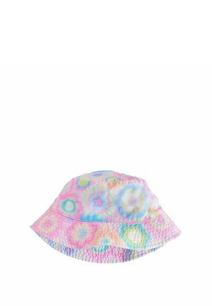 Pălărie bucket din material moale, cu model tie-dye pastelat de forme circulare multicolore în nuanțe de roz, albastru, verde și galben.