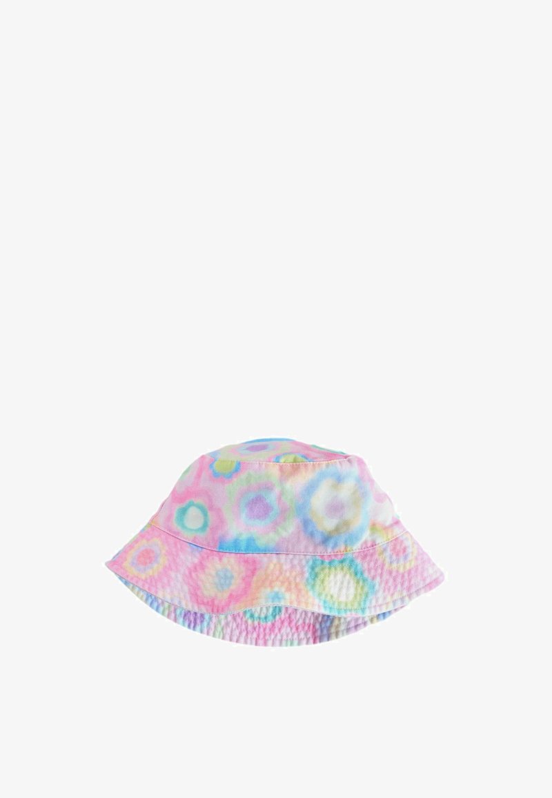 Chapeau bob en tissu doux avec motif tie-dye pastel de formes circulaires multicolores en tons rose, bleu, vert et jaune.