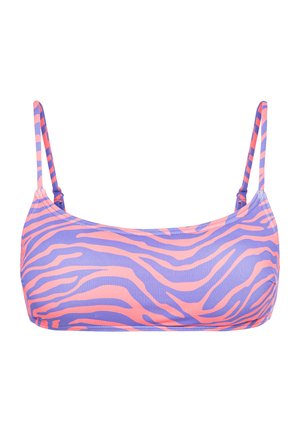 Bikini-top in roze en paars met een tijgerstreep patroon. Voorzien van dunne verstelbare bandjes en een gladde, elastische stof.