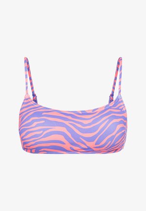 Rozā un purpura bikini augšdaļa ar tīģera svītru rakstu. Iespējas ar plānām regulējamām siksnām un gludu, stiepjamu audumu.