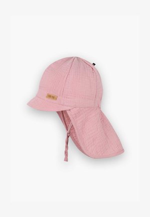 Sombrero de sol de algodón rosa con ala ancha, tela texturizada y cinta para la barbilla. Presenta una pequeña etiqueta de logo en la parte frontal.