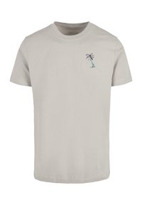 Light gray cotton t-shirt with short sleeves, featuring a small embroidered palm tree design in teal and dark purple on the front left chest.