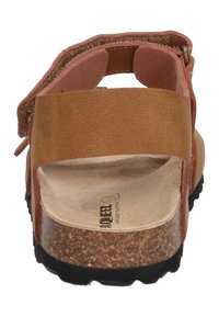 Braune Leder-Sandale mit zwei breiten Riemen, Kork-Mittelsohle und schwarzer Gummi-Außensohle. Verfügt über einen Klettverschluss zur Anpassung.