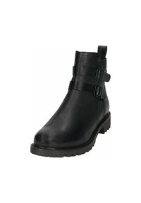 Bota de cuero negra hasta el tobillo con dos correas ajustables con hebillas, un acabado texturizado y una suela resistente para mayor tracción.