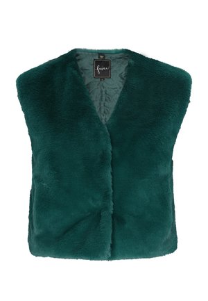 Teal Kunstfellweste mit V-Ausschnitt und ohne Ärmel. Weiche Textur und keine sichtbaren Verschlüsse, mit einer gesteppten Innenausstattung. Im Inneren des Labels steht "faina."