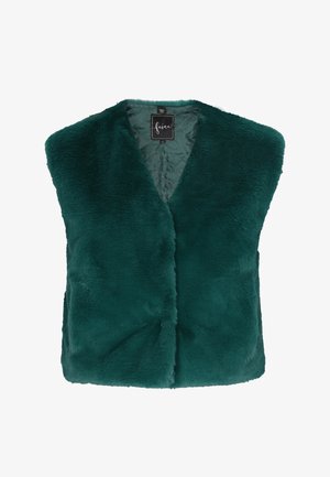 Teal faux fur vest med v-hals, ærmeløs design. Blød tekstur og ingen synlige lukninger, med quiltet foring. Mærket indeni siger "faina."