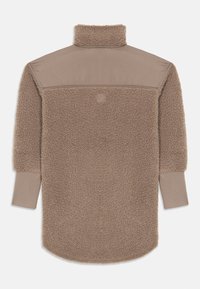 Brown sherpa fleece jacket with high collar, smooth fabric shoulders, and long sleeves extending to fitted cuffs, shown from the back.