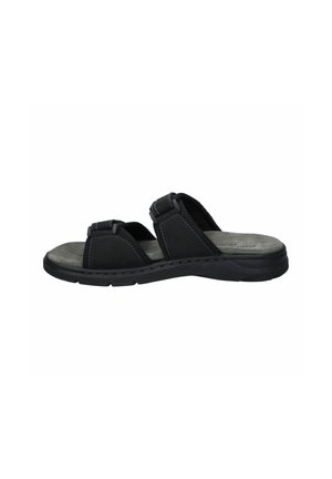 Schwarze Sandalen mit offenen Zehen, dual verstellbaren Riemen, weichem Wildleder-Obermaterial, gepolsteter Innensohle und einer strukturierten Gummisohle für einen guten Halt.
