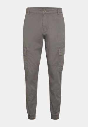 Szürke pamut cargo nadrág, rugalmas mandzsettával, oldalsó zsebekkel, elöl gombos záródással és varrott mintázattal.