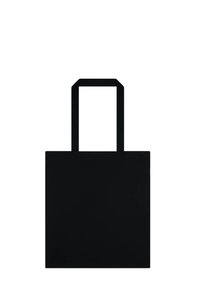 Borsa tote nera realizzata in materiale resistente, caratterizzata da una forma quadrata, fondo piatto e due manici rettangolari. Design semplice e di colore uniforme.