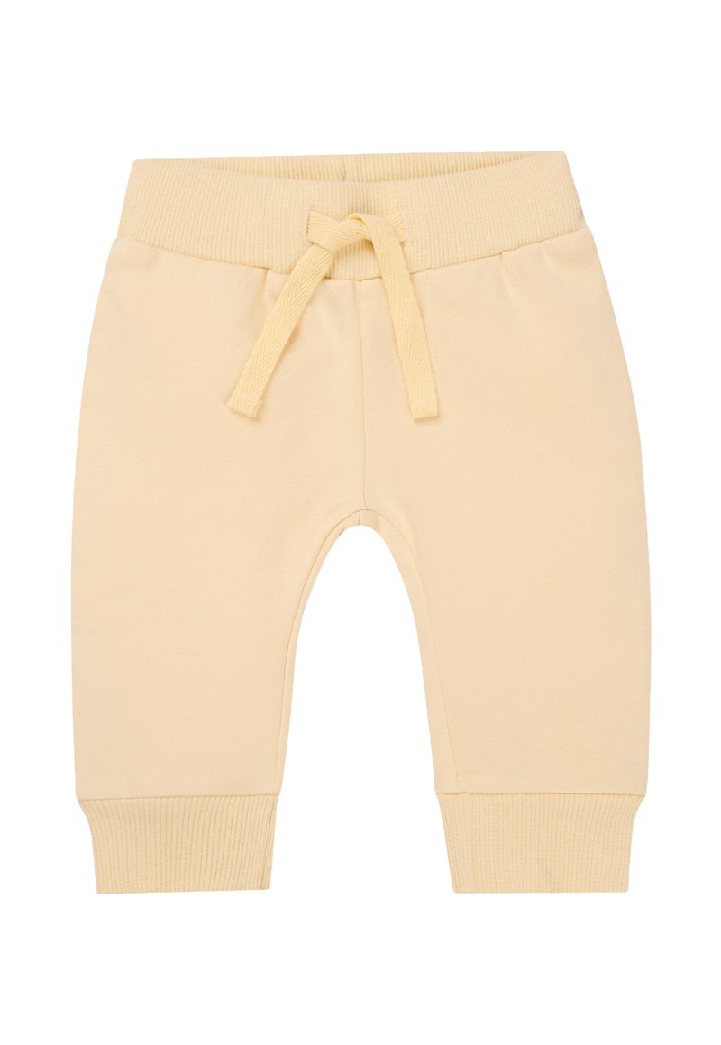 Joggers in cotone giallo chiaro con polsini a coste e cintura elastica, dotati di chiusura con coulisse e texture liscia.