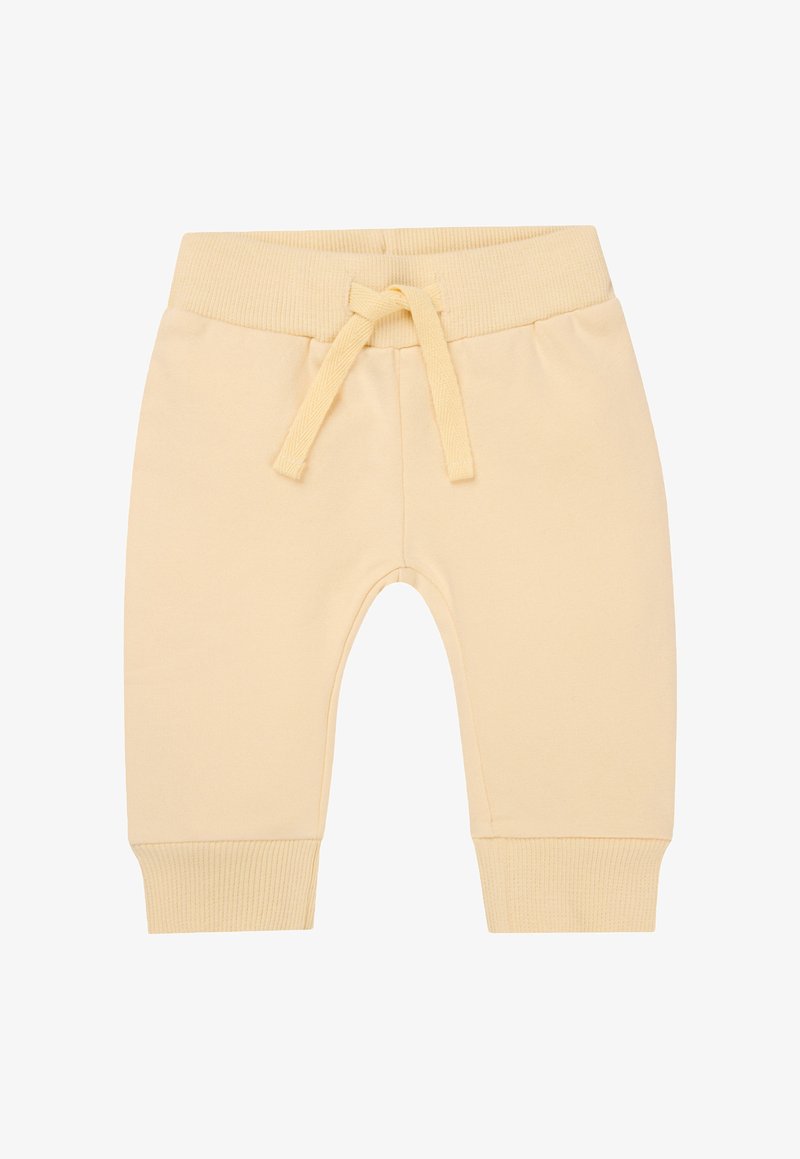 Helle gelbe Baumwoll-Jogginghosen mit gerippten Bündchen und elastischem Bund, ausgestattet mit einem Kordelzug und einer glatten Textur.