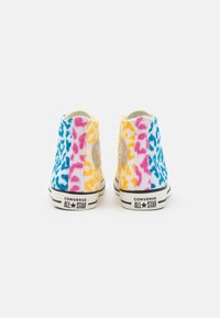 High-top sneakers featuring a fuzzy leopard print in blue, pink, and yellow. Rubber sole with black stripes and brand logo on the heel.