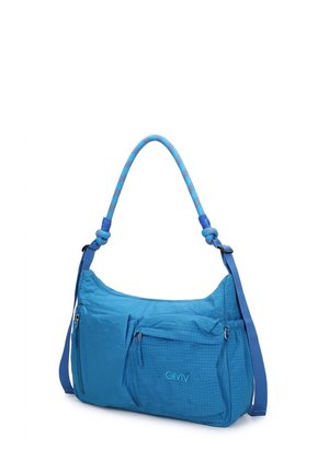 Sac à épaule bleu avec plusieurs poches zippées, une anse tressée et une sangle réglable, conçu pour un usage décontracté.